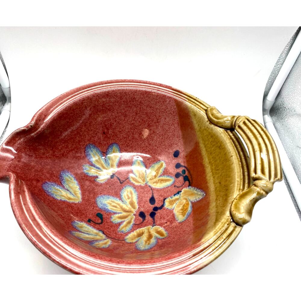 Handmade Pottery handled dish pour‎ spout round red floral Signed Art pottery